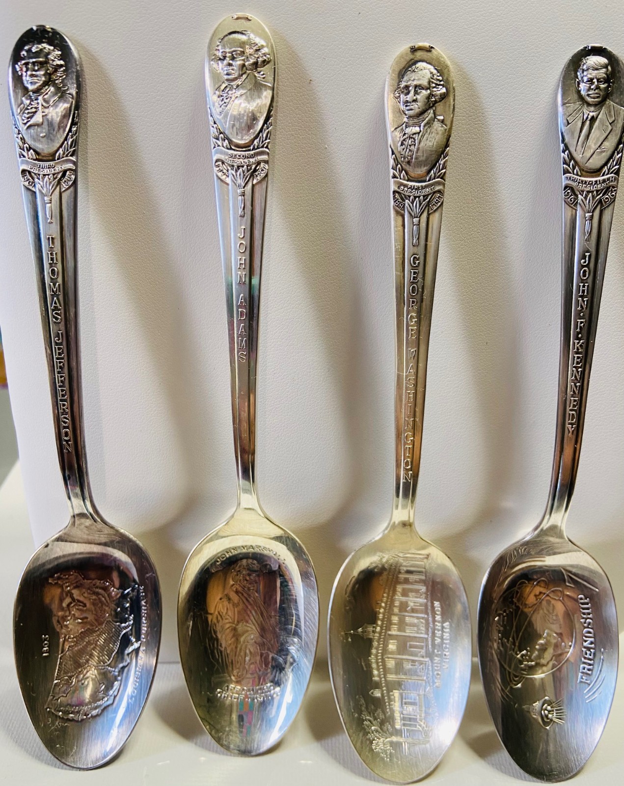 WM Rogers Presidential Commemorative Spoons Lot of 4 Washington Kennedy Adams