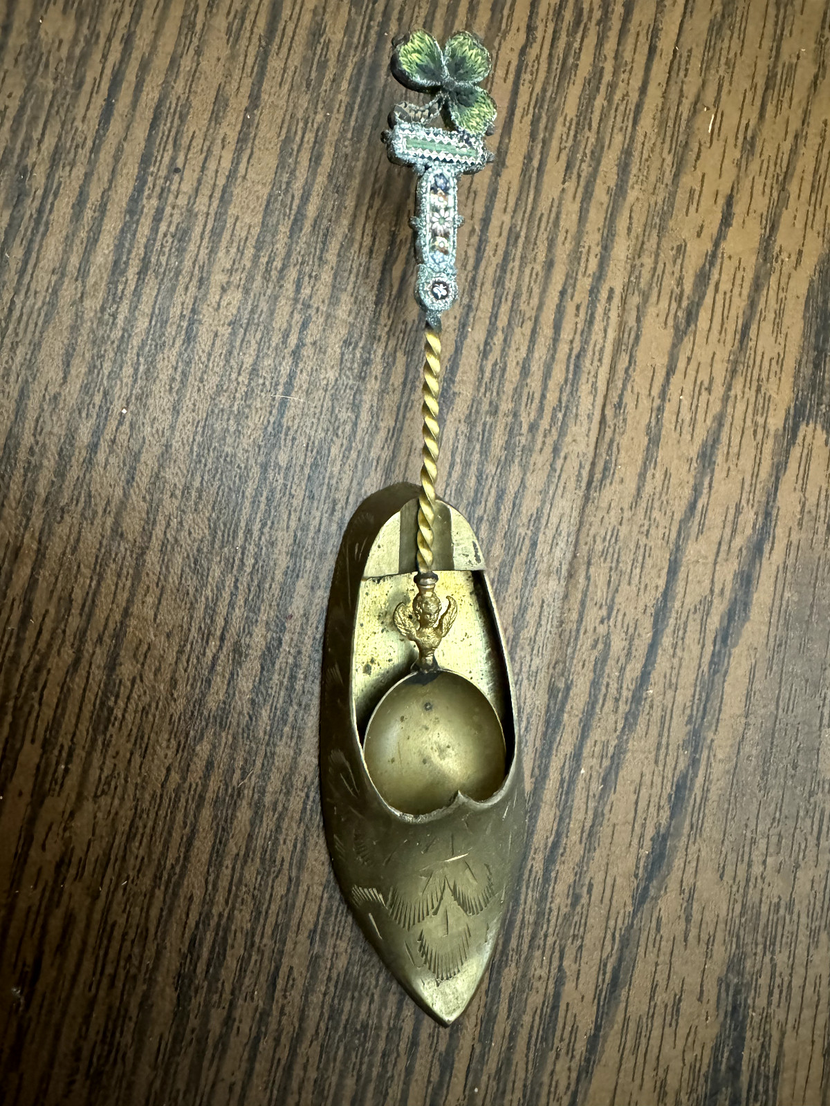 Vintage brass baby spoon & slipper set plus extra decorative brass baby spoon