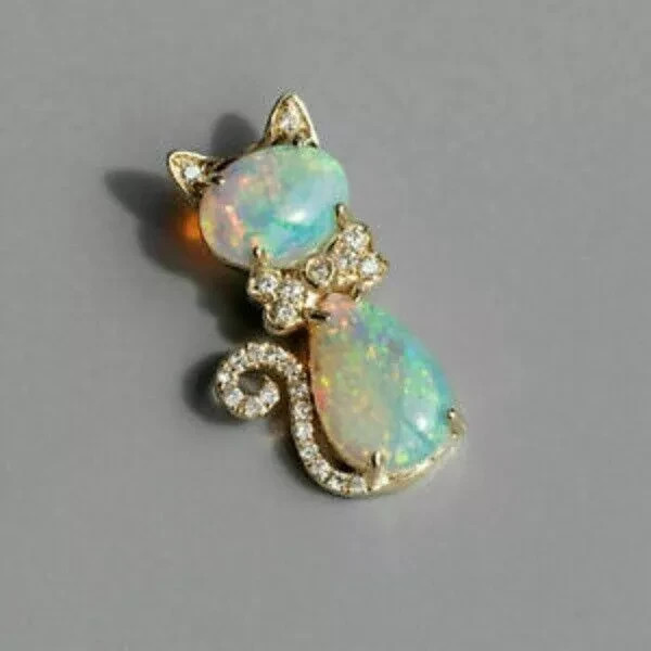Adorable Cat 3Ct Oval Fire Opal & Diamond Pendant 14K Yellow Gold Plated Silver