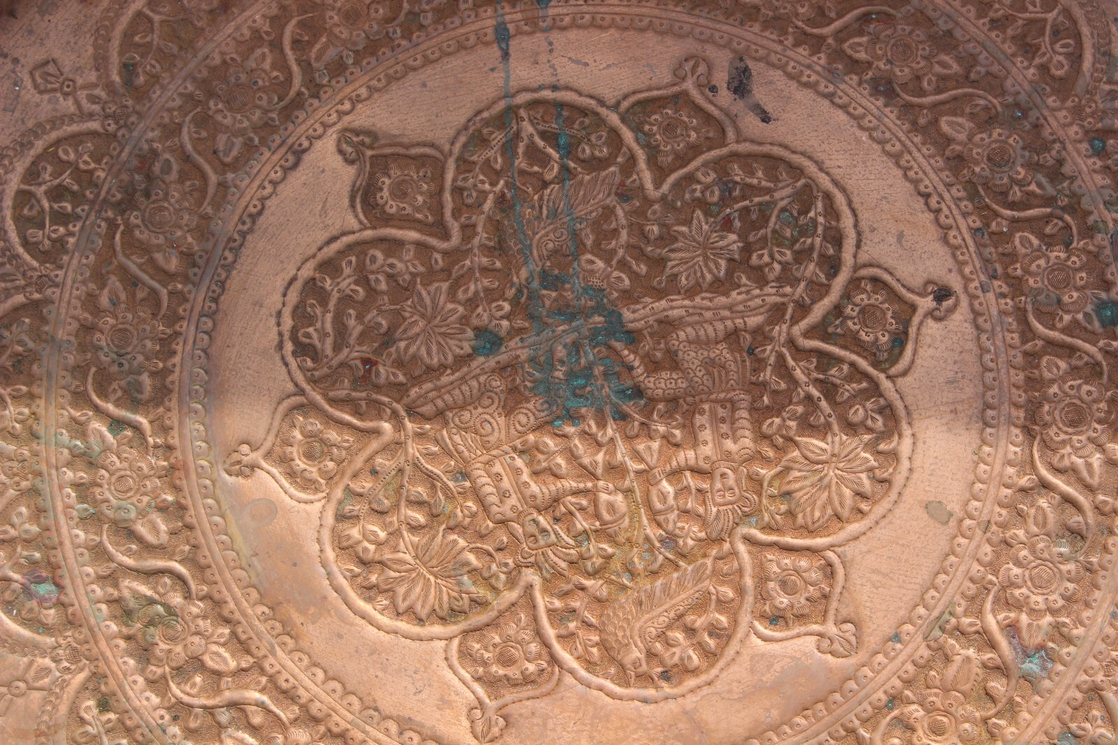 Moroccan Copper Table 25 inch w Folding Wood Stand Antique 19th Century Hammered