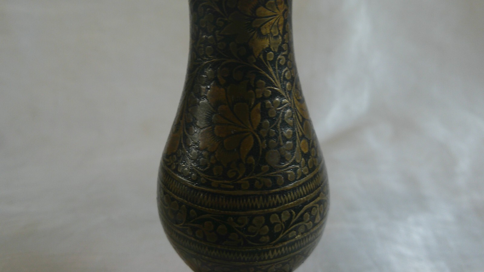 Vintage Antique Engraved Pattern Indian Brass Vase Old Leaves Flowers Intricate