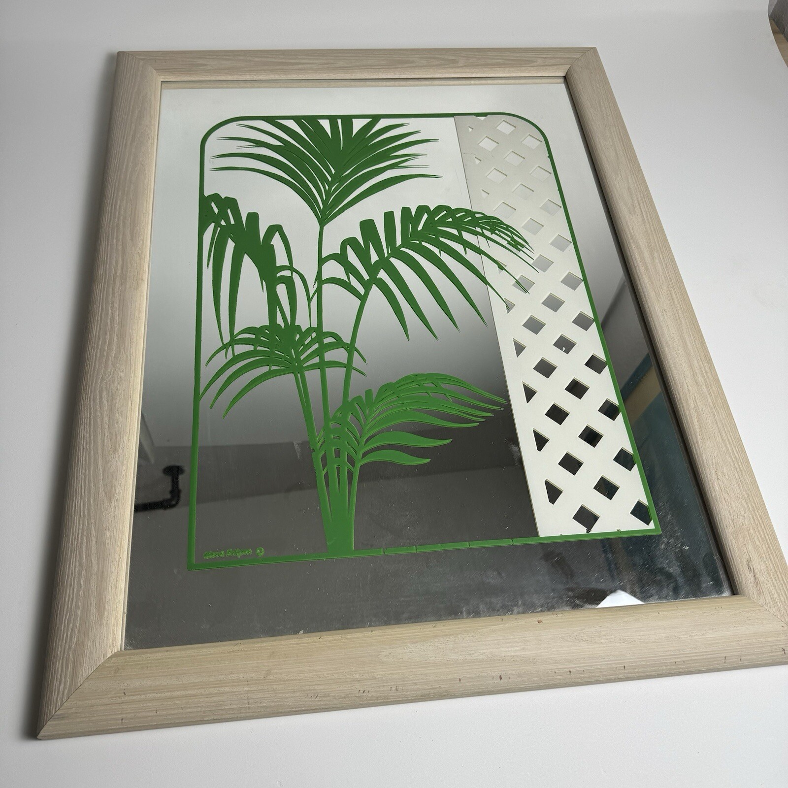 Vintage 70s Art Palm Tree Etched Mirror Signed Gloria Eriksen Mid Century MCM