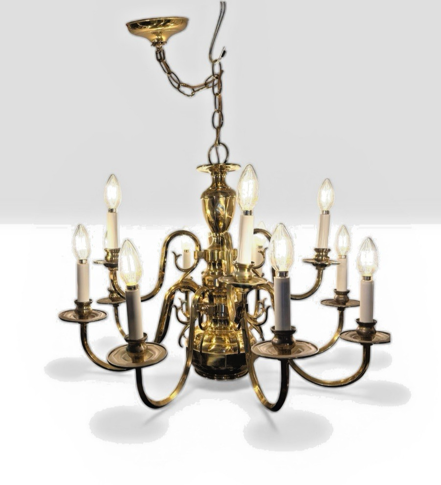 Vintage 1970s European Brass Chandelier — 10 Arm with Hidden Central Downlight