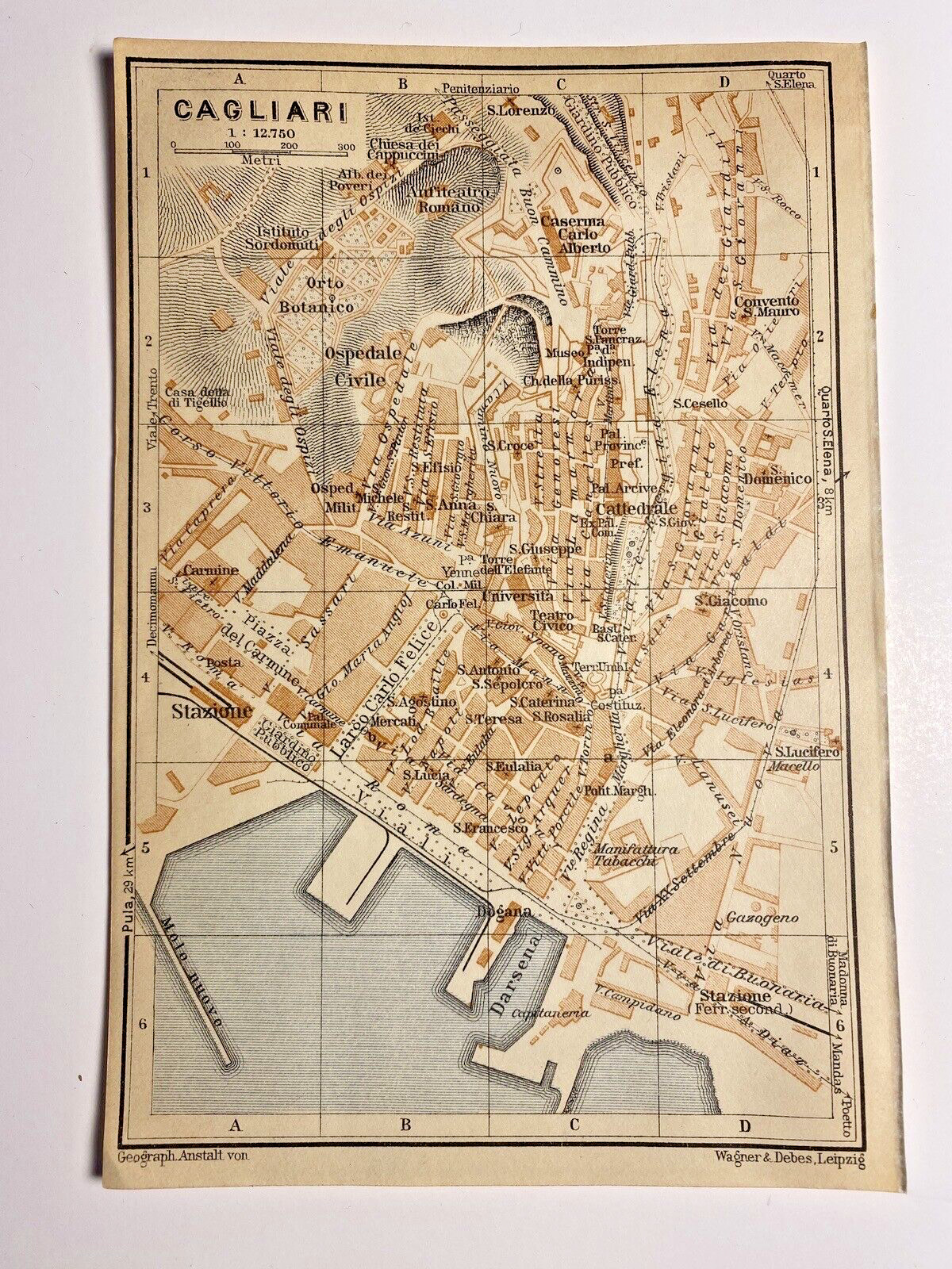 CAGLIARI SARDINIA Italy map 1913 Wagner & Debes Leipzig Geograph 4×6″ color