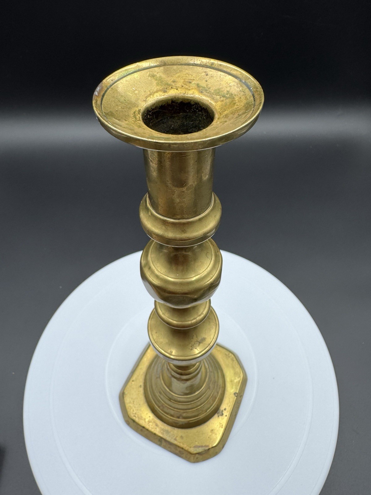 Single Antique “Solid English” Brass Beehive Candlestick 10.5” Tall Push Up