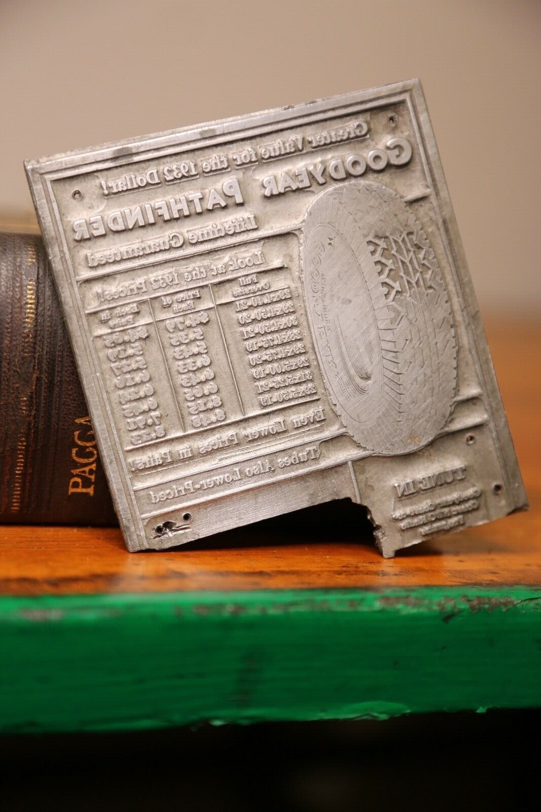 Vintage Printing Block Letterpress stamp 1932 Goodyear Tires Ad Sign Newspaper