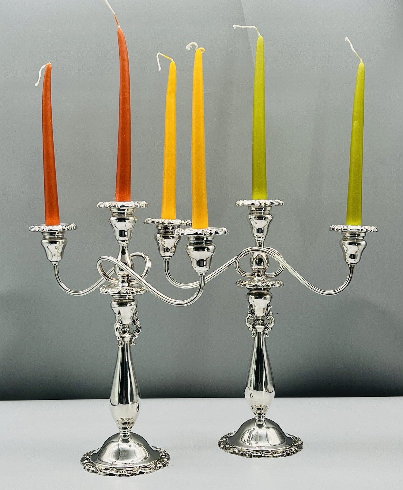 Set 2 BAROQUE 3-light Candelabra WALLACE SILVERPLATE 13″ 14″ CONVERTIBLE 5-lb Pr