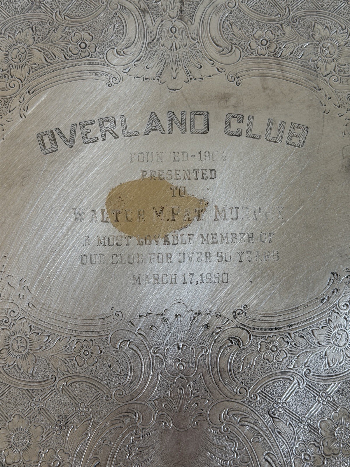 Large 24” Vintage Silverplate Serving Tray Pasadena Overland Club CA 1960