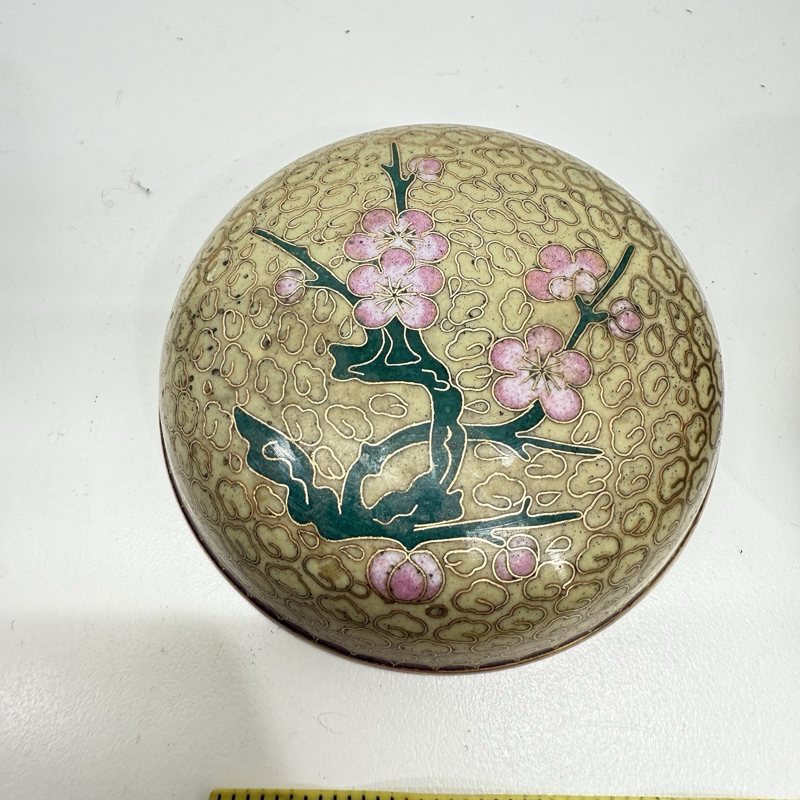 Vintage Lidded Cloisonne Pill Trinket Box Jar Cherry Blossoms