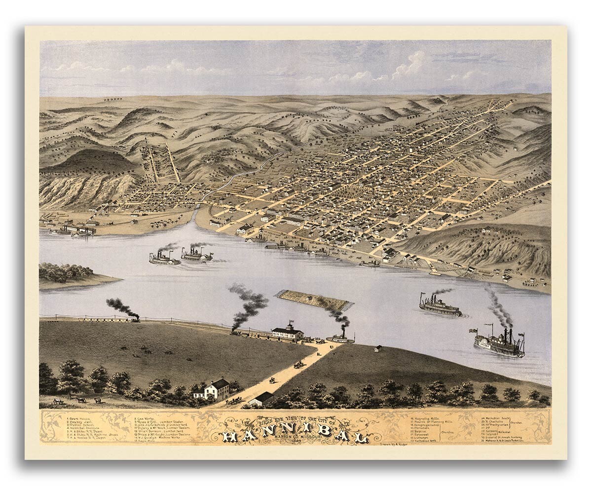Hannibal MO 1869 Historic Panoramic Town Map – 16×20
