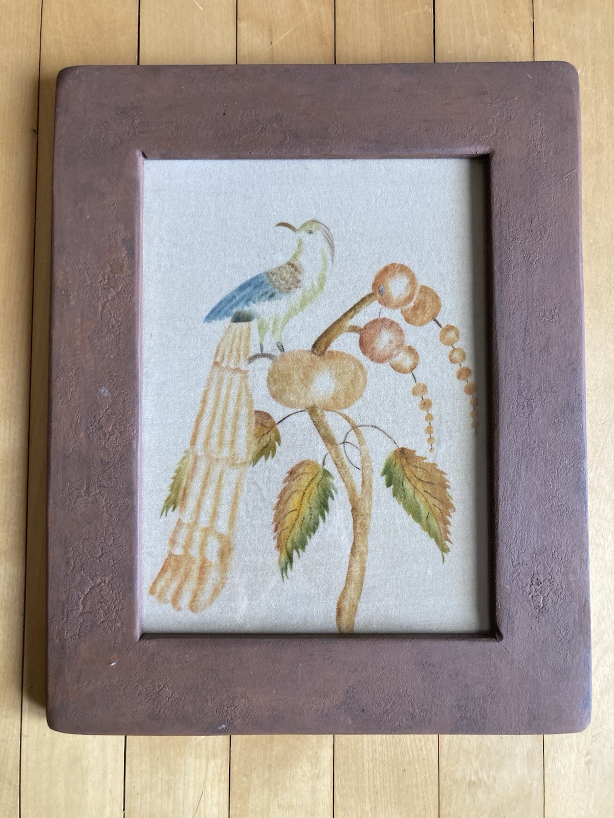 Beauty! Antique Vintage Fruit and bird motif theorem on felt framed folk art.