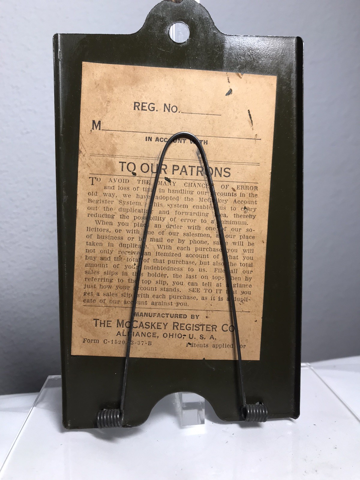 Antique McCaskey Register Co. Alliance OH Metal Spring Receipt Holder ~ Green