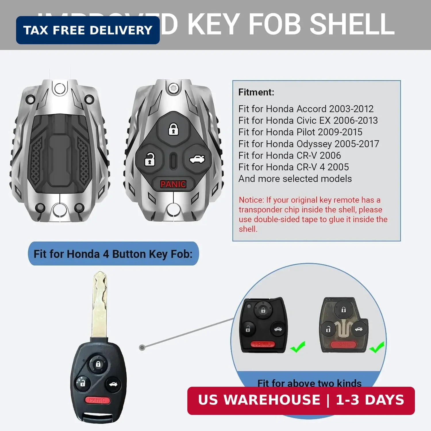 No Cutting Required – Upgraded Heavy Key Fob Cover Case for Honda Zinc Alloy Key