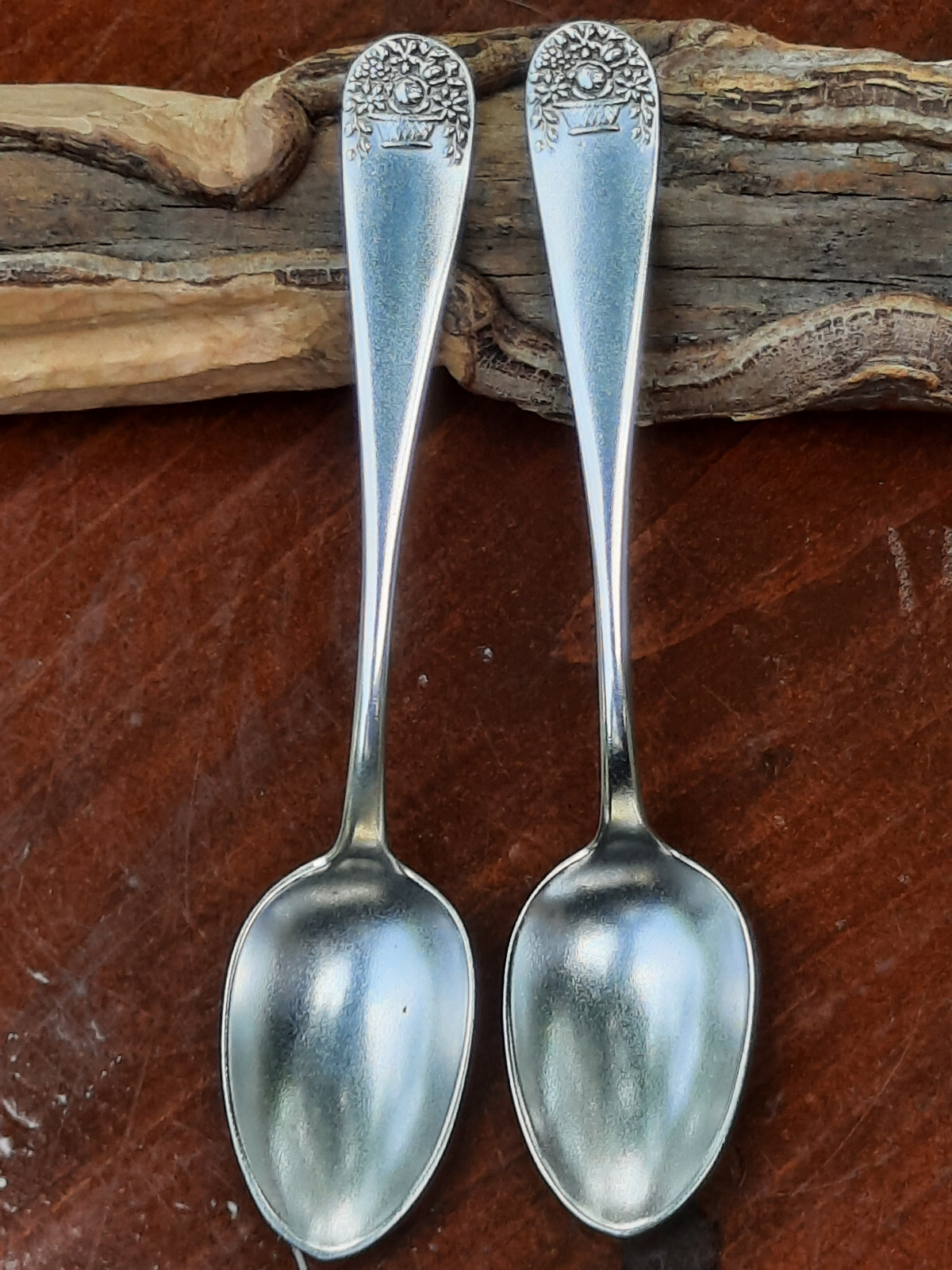 Sterling Silver Pair Durgin Basket of Flowers Demitasse Spoons, No Mono