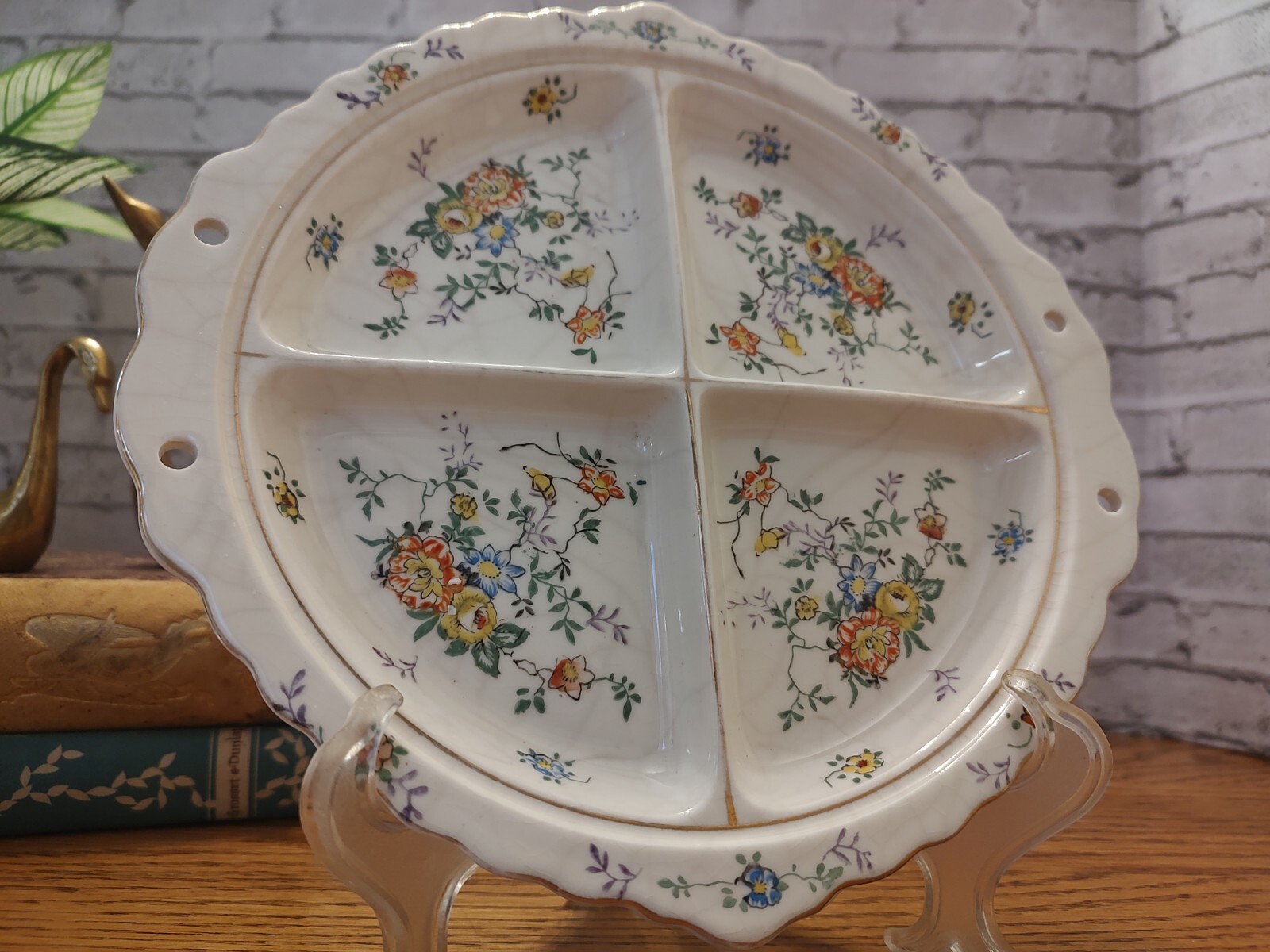 Antique Floral 4 Section Divided Plate Made In Japan 9.5 Inches