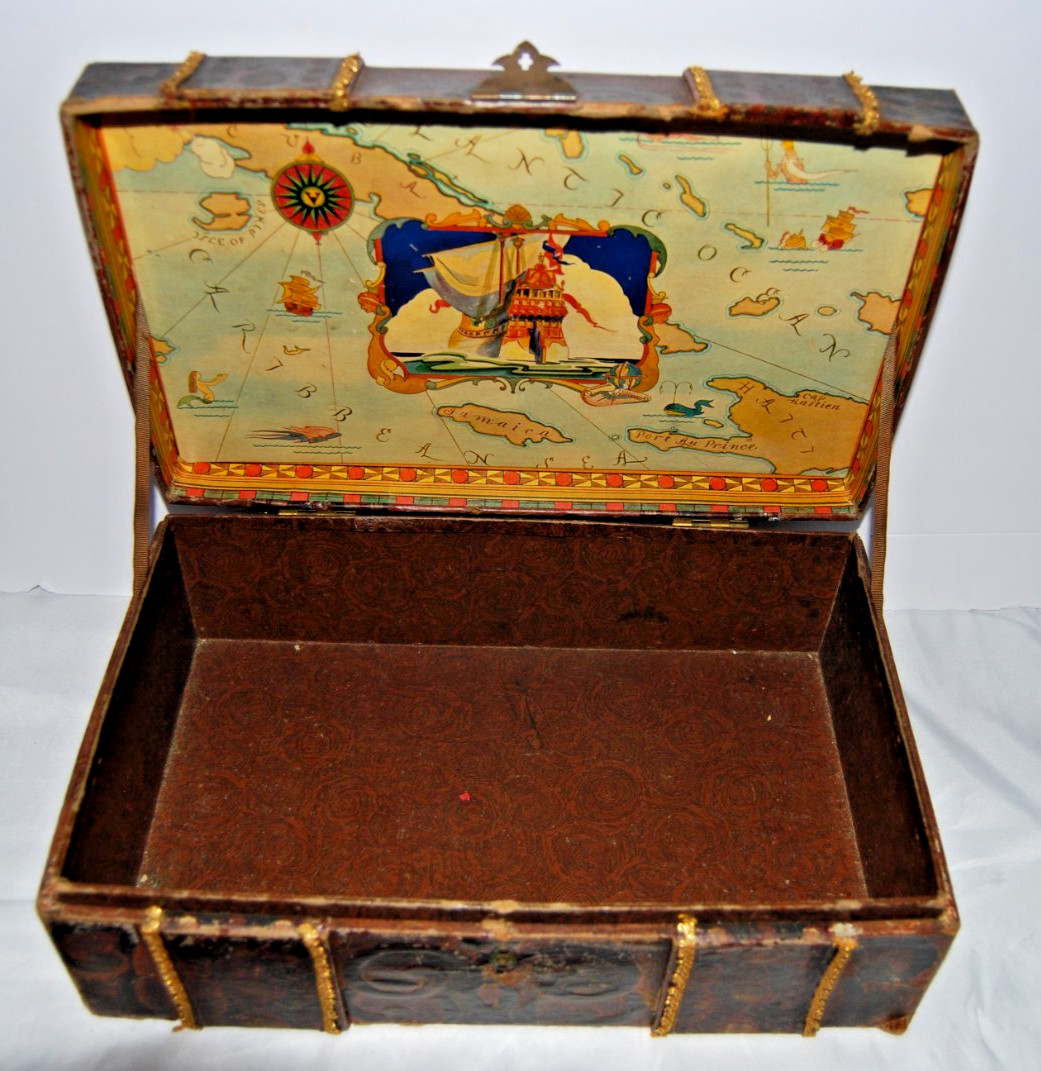 Antique Paper Litho Doll Trunk 1900s Dome Top Toy Treasure Chest Caribbean Map