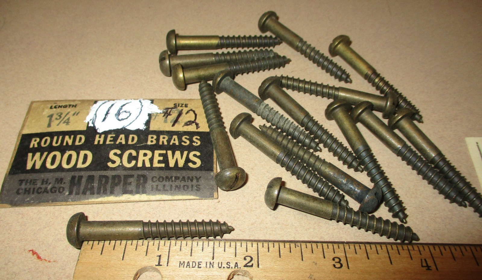 16-VINTAGE SOLID BRASS WOOD SCREWS WITH ROUND SLOT HEADS 1 3/4″ LONG X #12=7/32″
