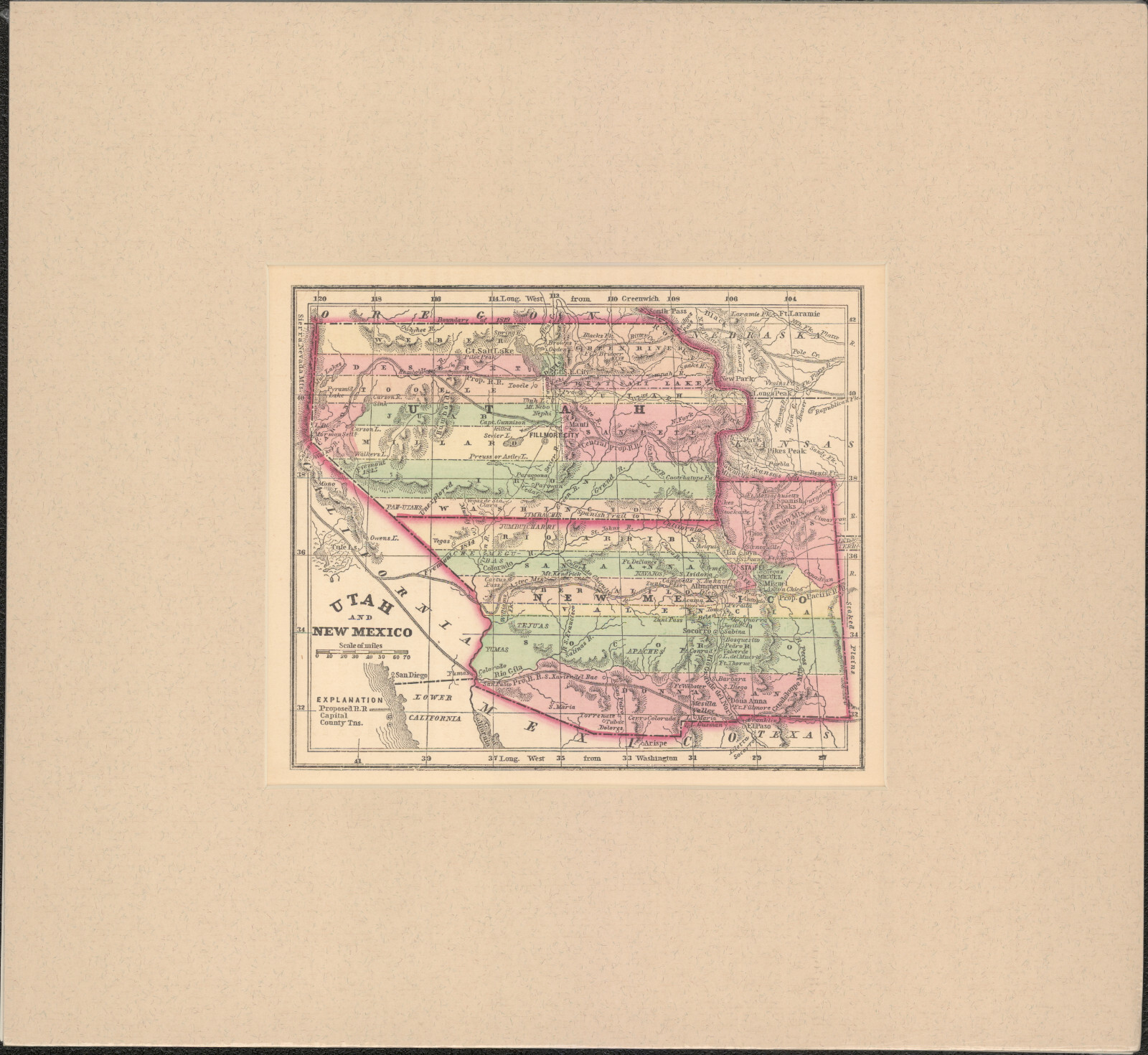 1857 Morse & Gaston Utah & New Mexico Territory antique map 6.4″ x 5.4″ vibrant!