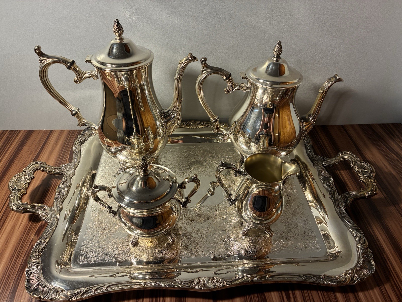 VTG W.M. Rogers Silver-Plate Serving Set w/ Tray Sugar Creamer Coffee Tea Pot