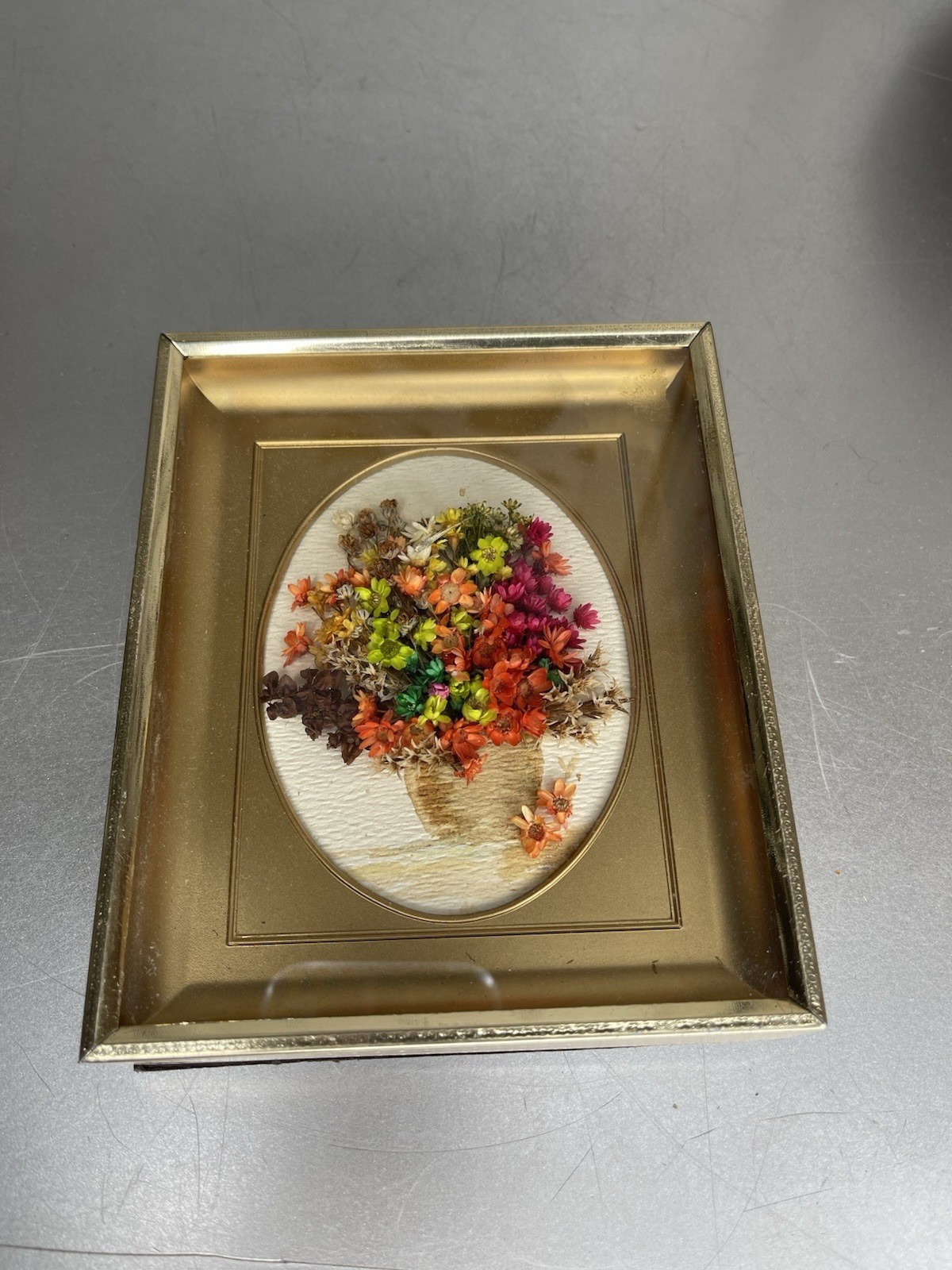 Vintage 70s Metal Framed Dried Flower Bouquet Wall Hanging Picture 6in X 5in Art