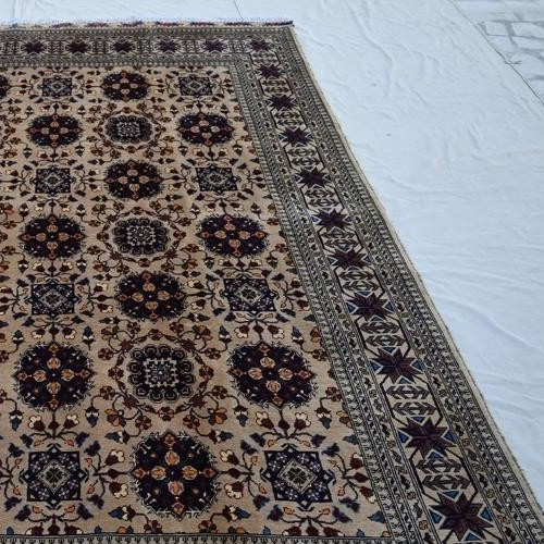 hand knotted oushak area rug 100% Wool, belge Blue oriental carpet 12×8 ft