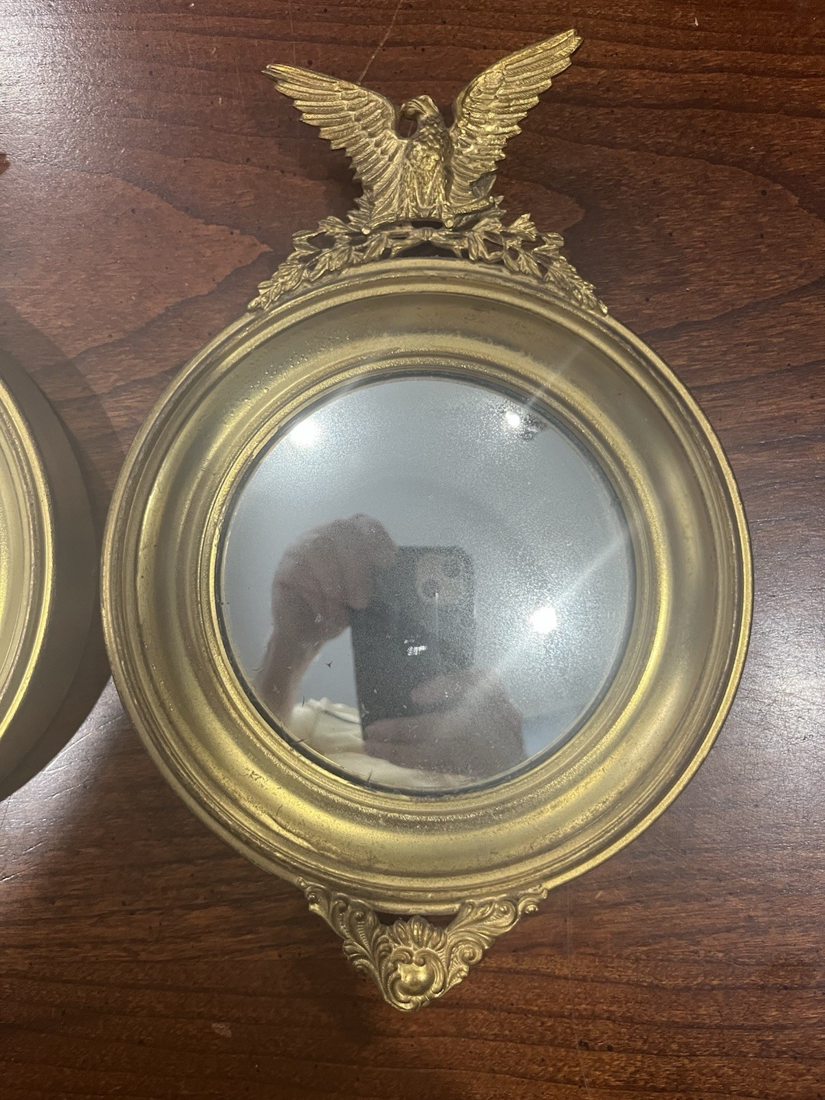 Vintage Pair of Small Gilt Brass American Eagle Crest Convex Mirrors
