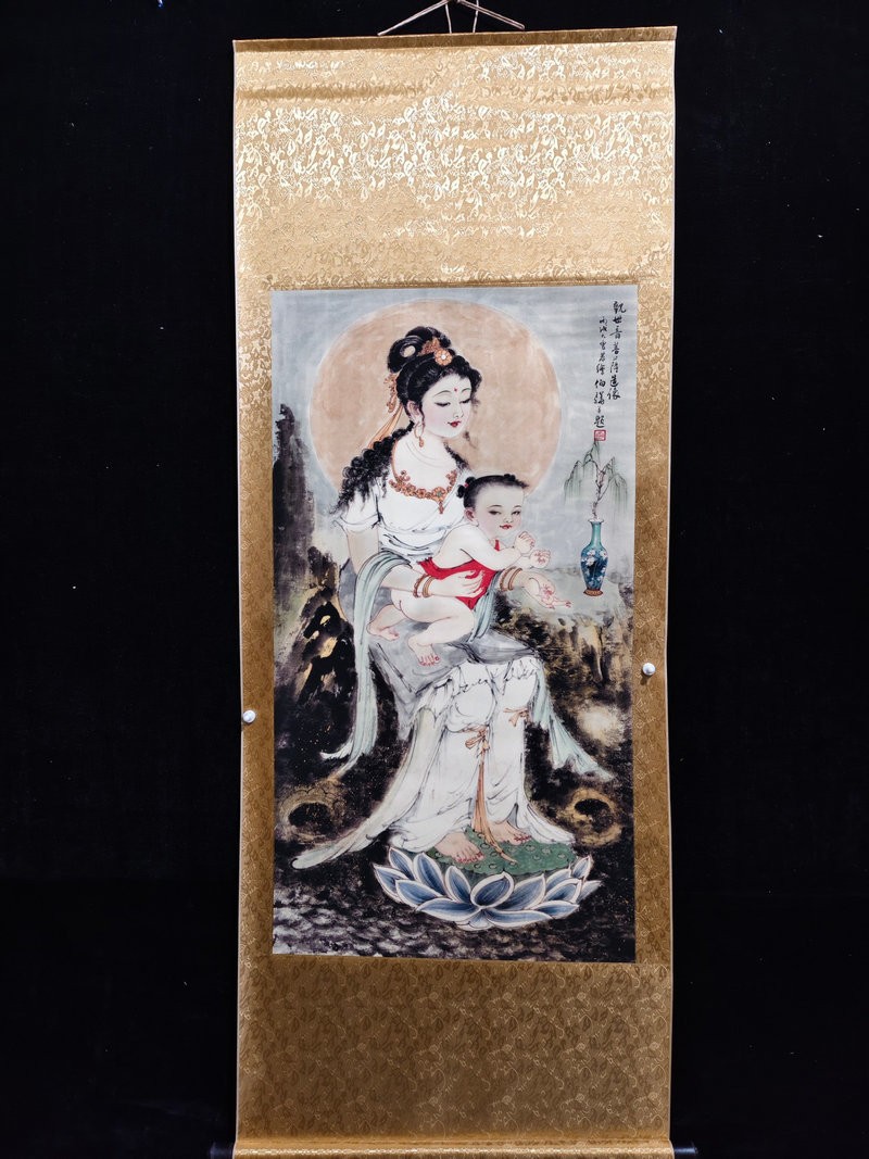 69in Chinese Old Painting Scroll Rice Paper Guan Yin Decor By Bai Bohua 白伯骅 观音送子