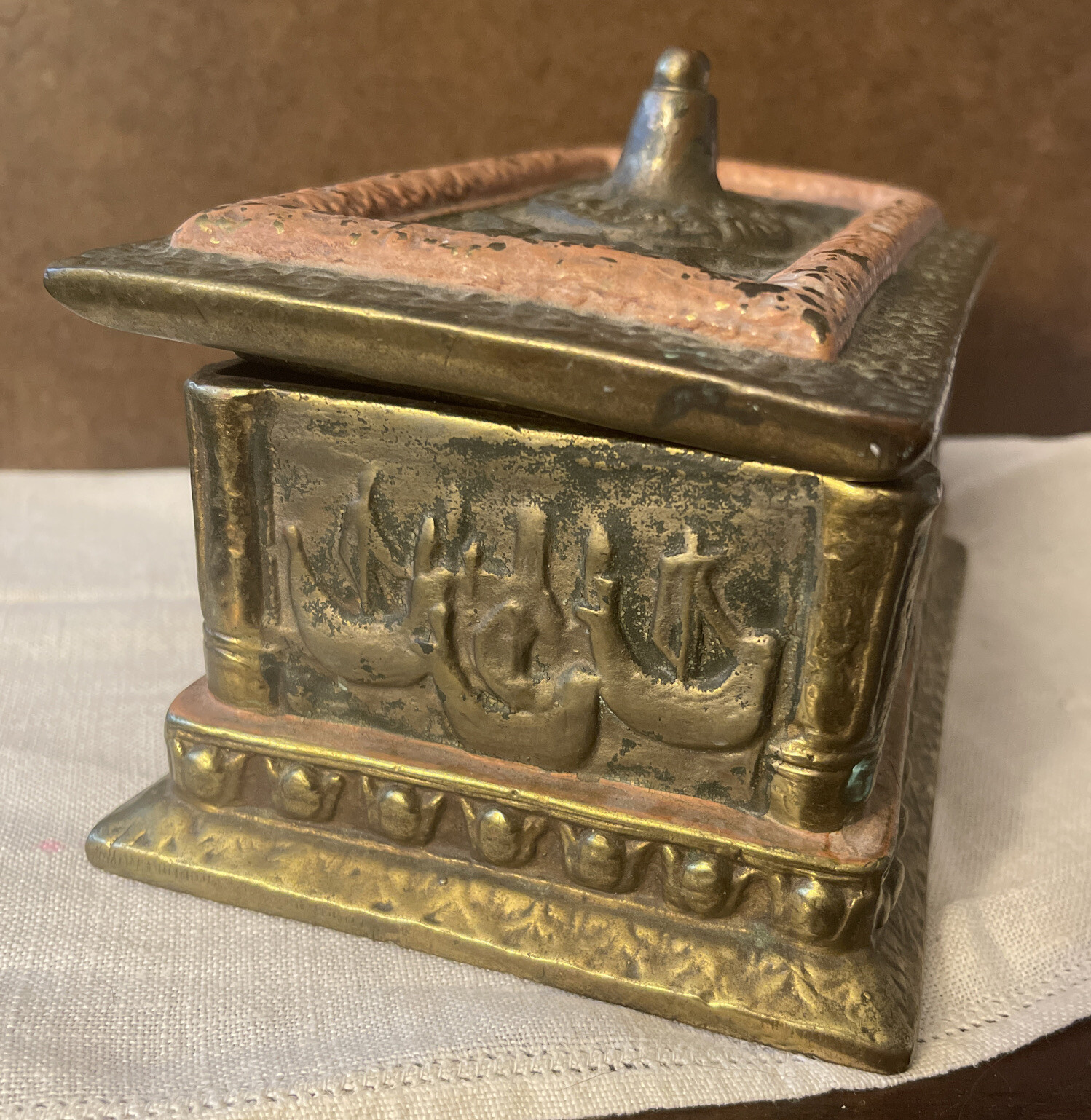 Antique Copper Embossed Relief Scene Lined Trinket Dresser Storage Box