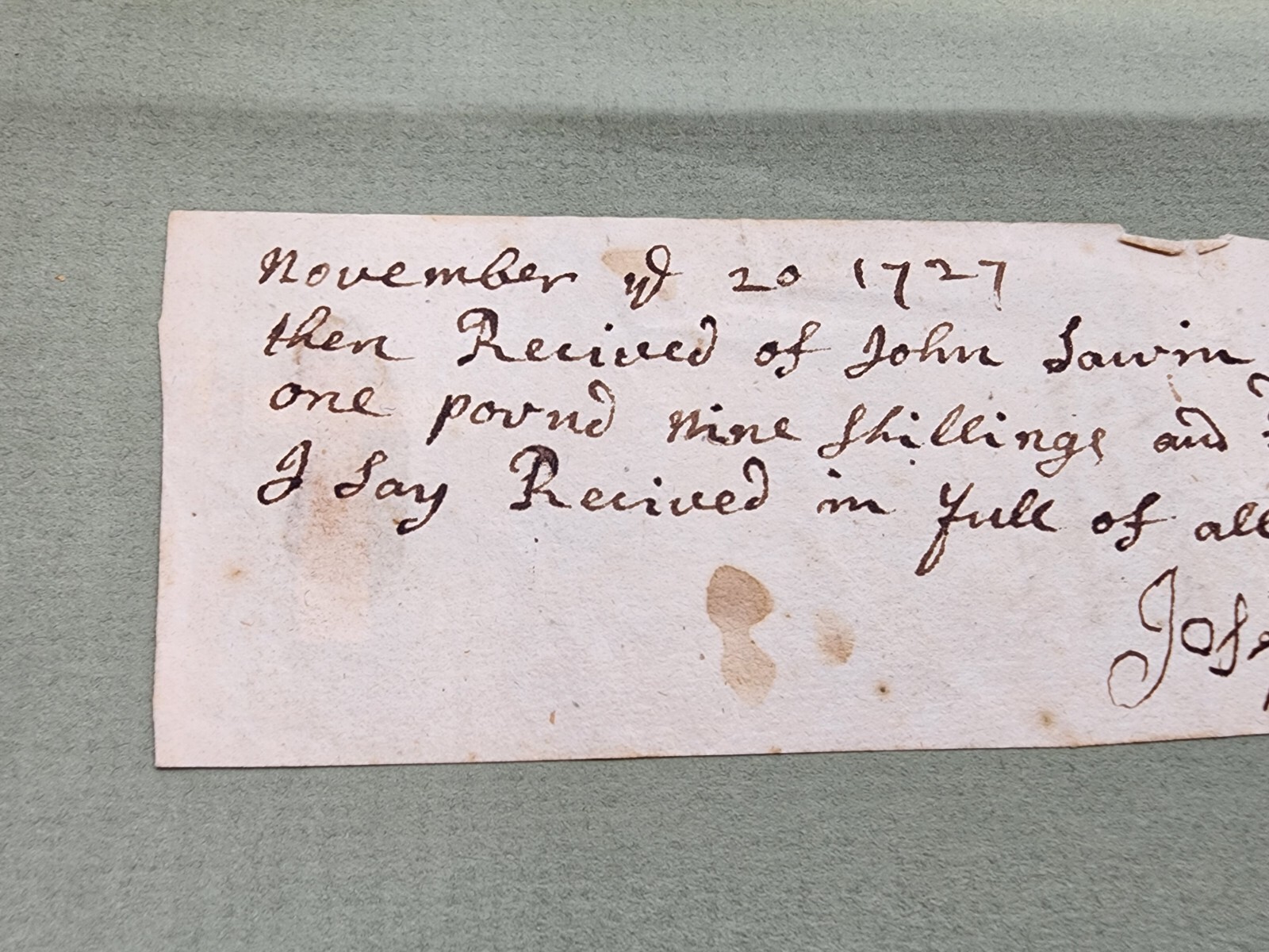Antique Signed & Dated 1727 Latter From Joseph Beal Of Massachusetts Matted