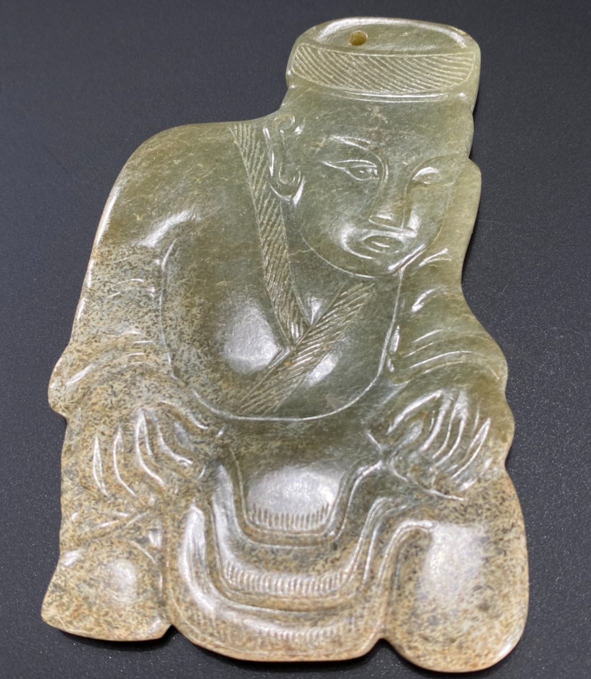 Chinese Antique Han Dynasty Hetian Green Jade Human Plaque Multicolor Pendant