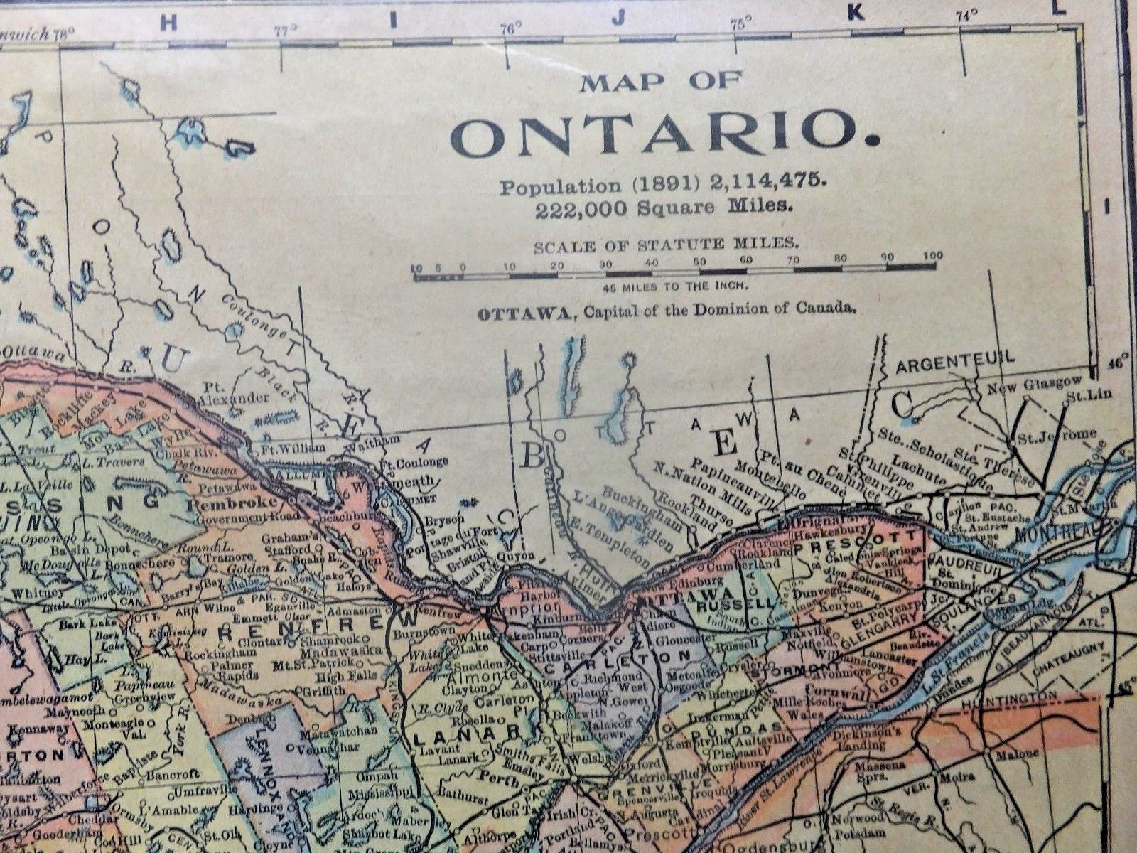 1897 Color Map of Ontario. 10 5/8 x 13 3/4 inches. Mathews-Northrup Company.