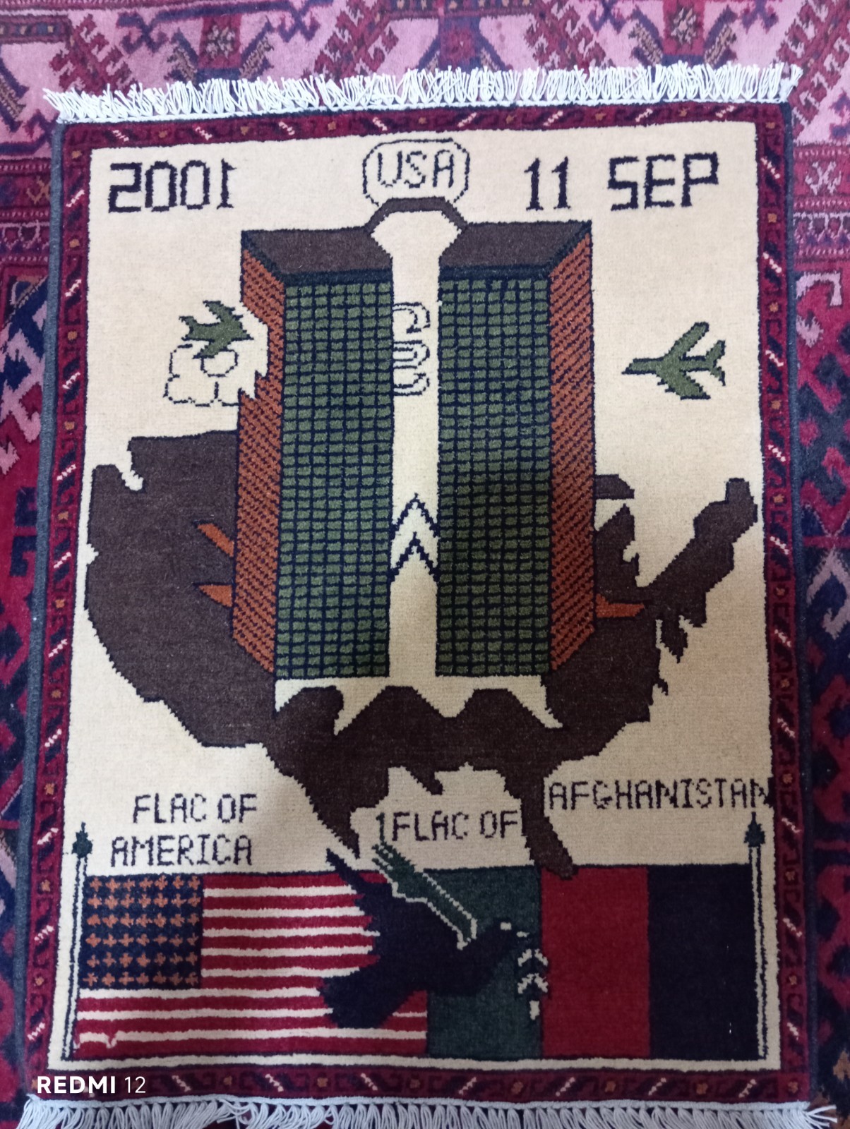 Handmade Afghan War Rug – 9/11 Memorial Twin Towers & USA Flag – 2.6 x 1.11 ft