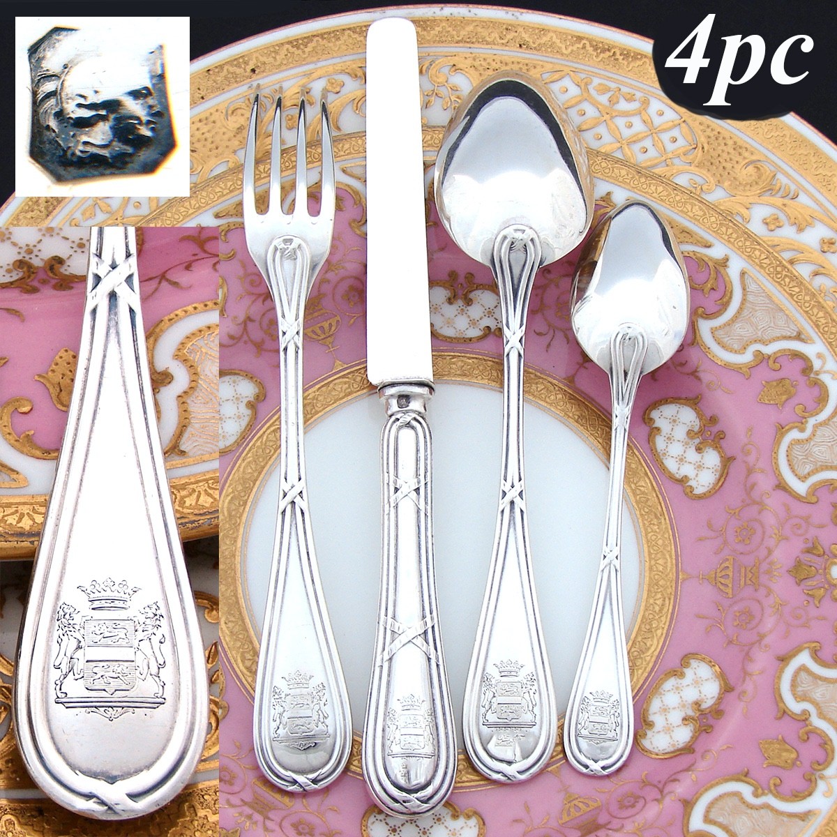 Antique French Sterling Silver 4pc Flatware Setting for One, Crown-Top Armorial