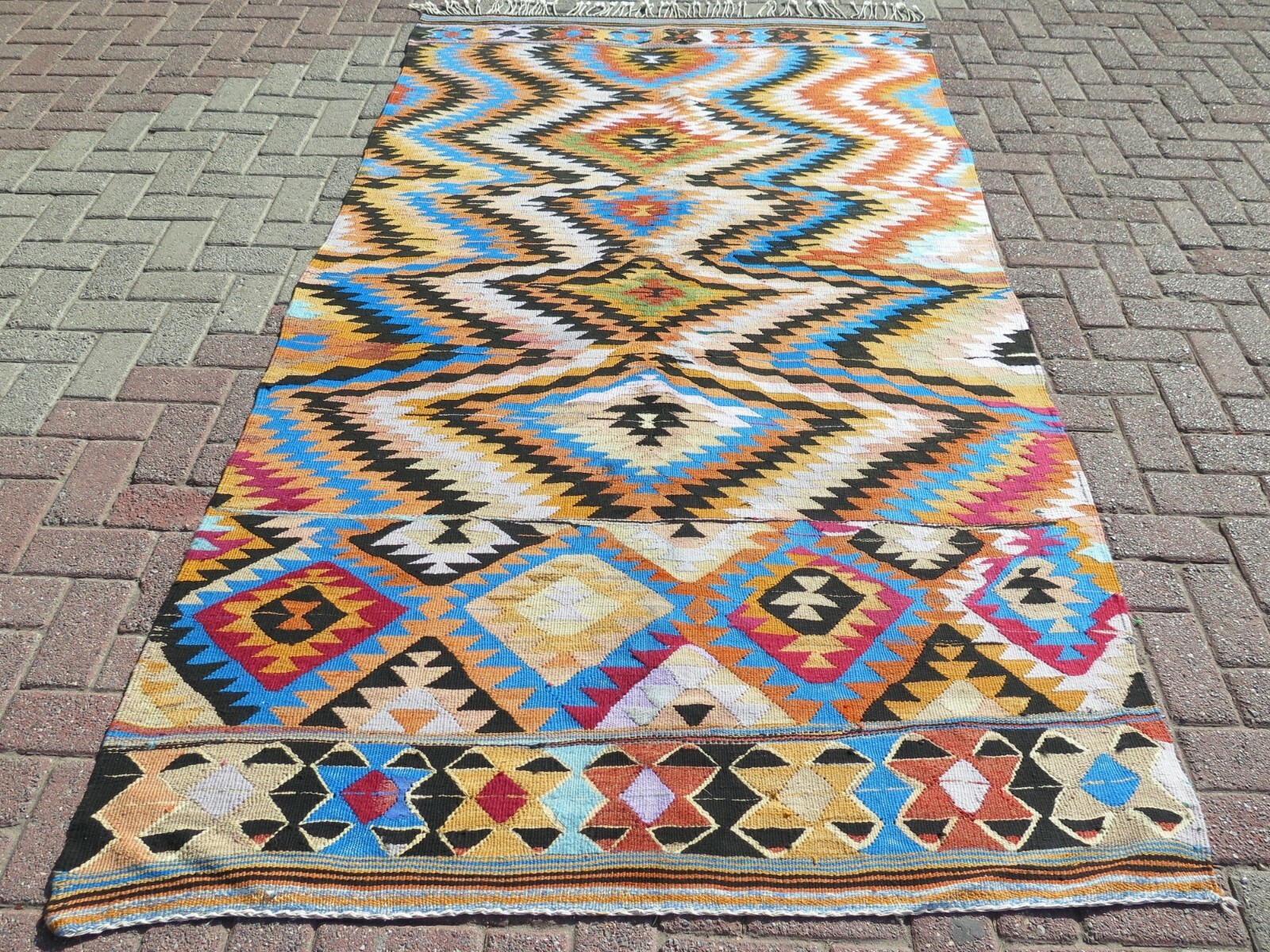 Sky Blue Zigzag Multicolor Vntage Turkish Rug, Large Handmade Wool Carpet 58×106