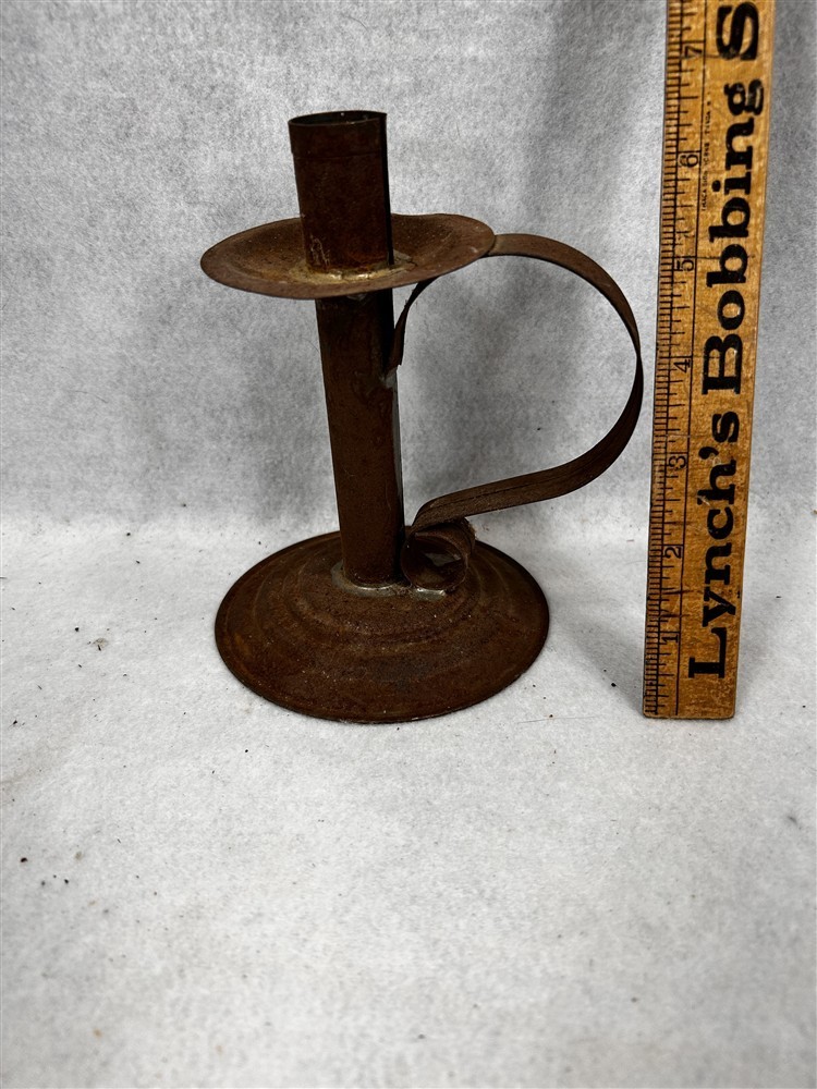 antique tin candle stick primitive sit carry 6.5 in. tall hand made tin smith