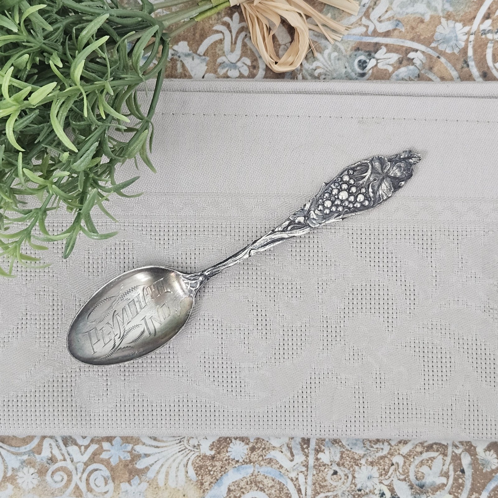 Antique Sterling Silver State Souvenir Spoon: Plymouth Indiana Grapes, 1922 Date