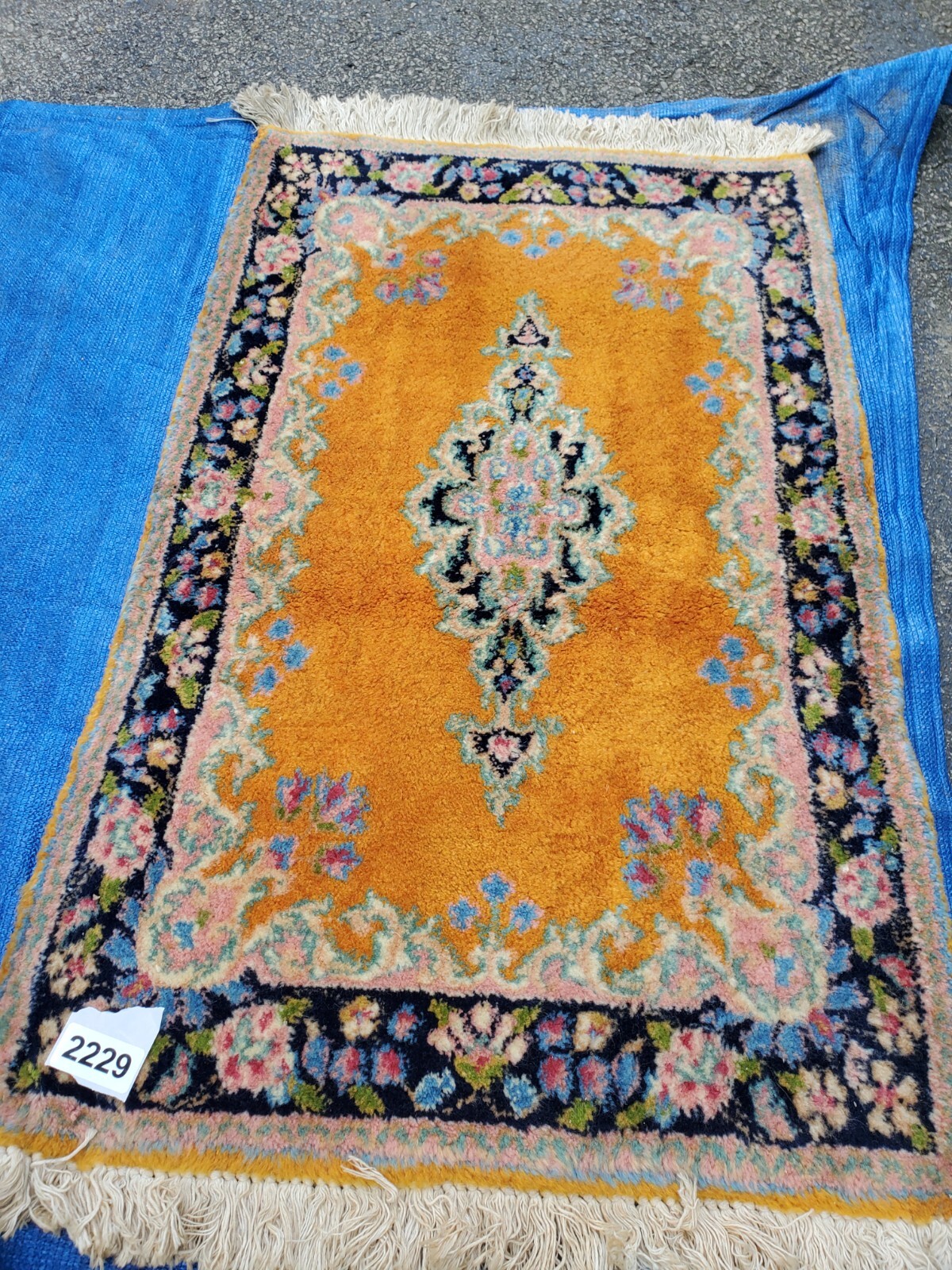 Antique India Wool rug 2×3 Mustard Open Field Medallion Border
