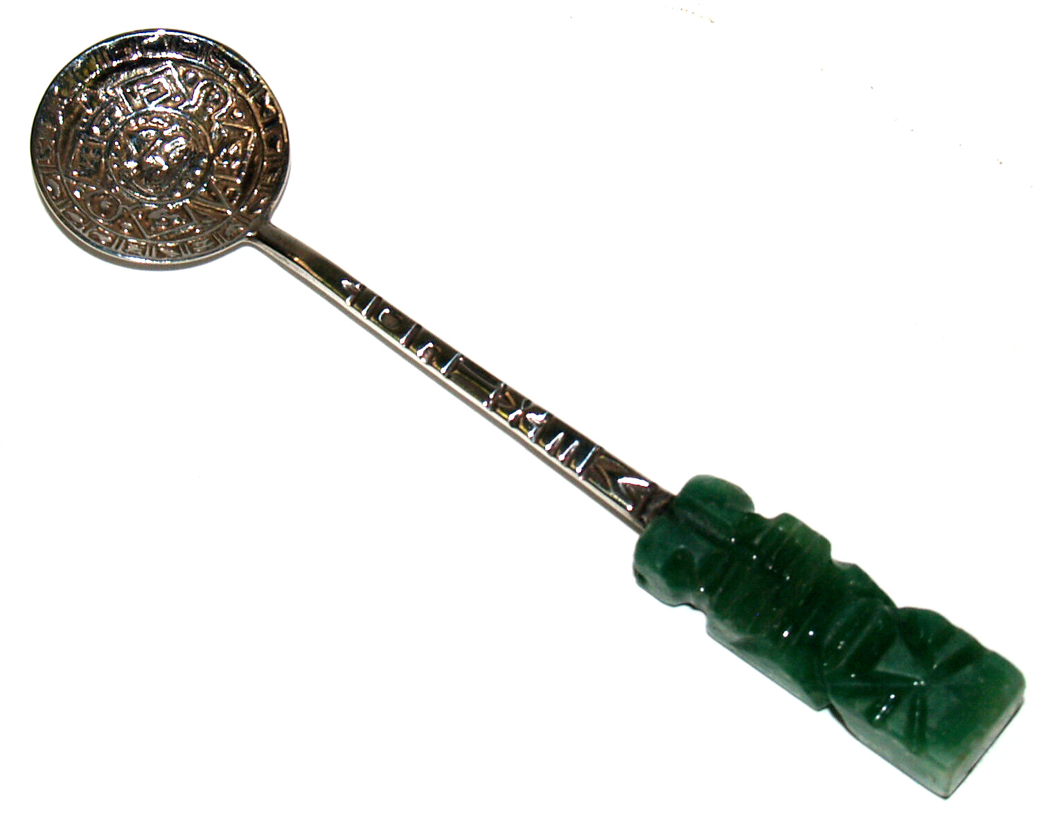 Vintage 925 Sterling Silver Jade Handle Mayan Aztec Calendar PVE Mexico Spoon