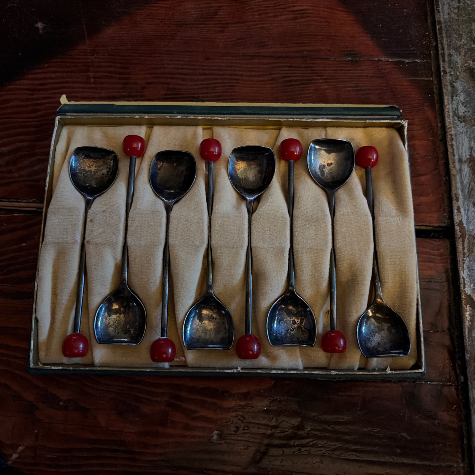 Sheffield EPNS Cocktail Muddler Spoons with Bakelite “Cherry” Handles–Set of 8