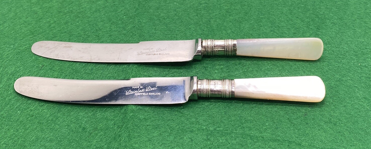 Vtg Sheffield 2 Pieces of Mother of Pearl Handle and Sterling Silver Band Knives