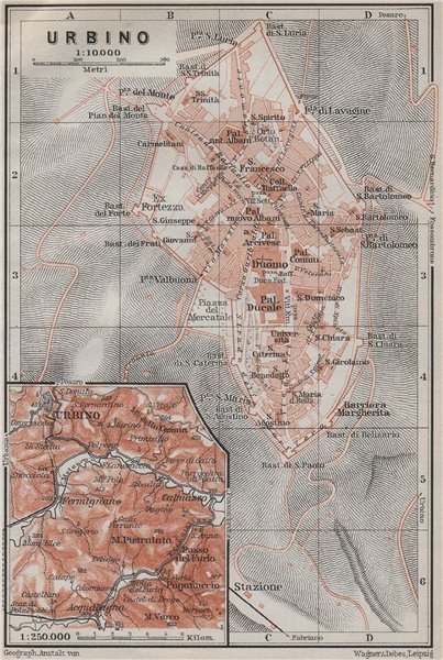 URBINO town city plan piano urbanistico & environs. Italy mappa 1909 old
