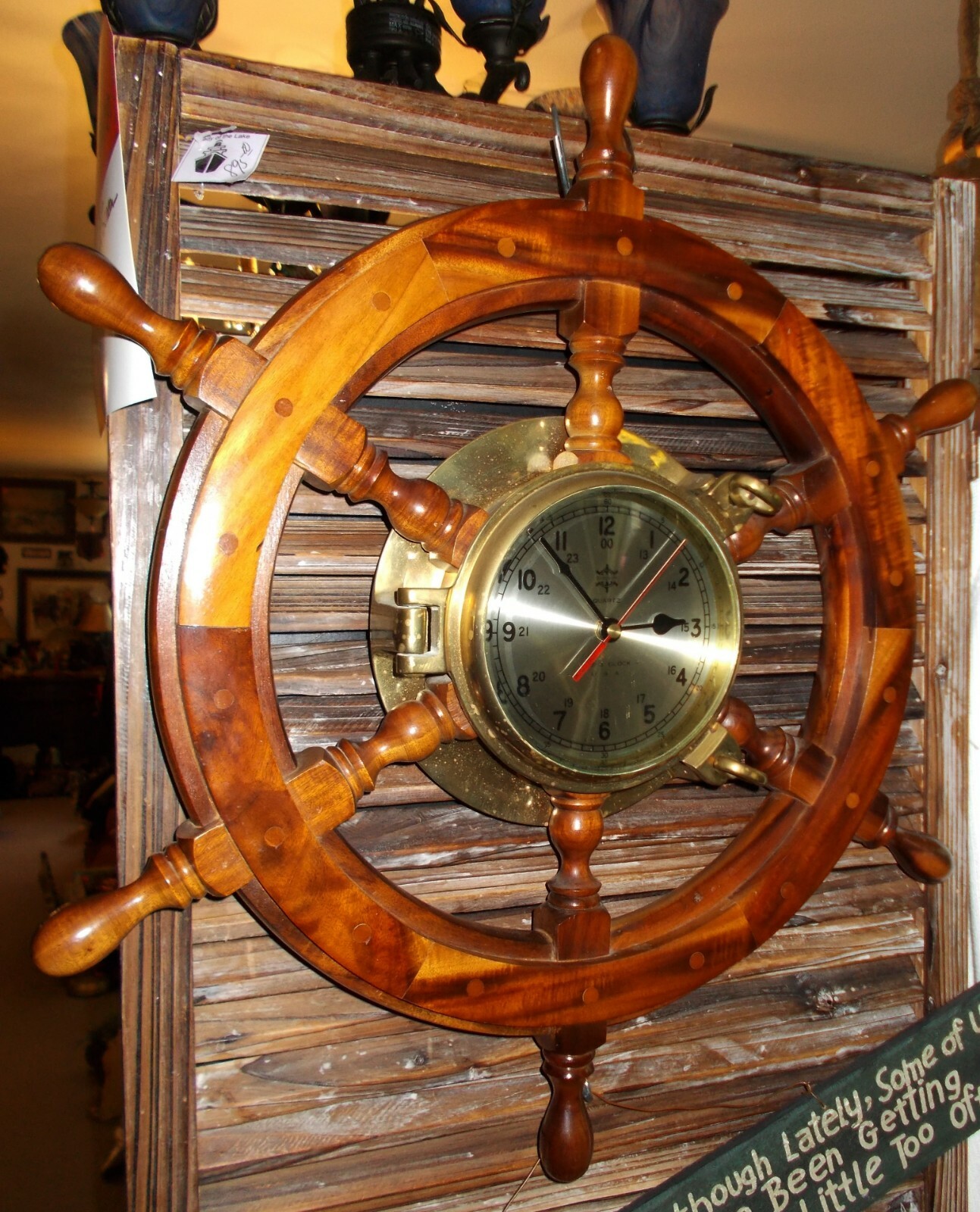 Vintage Brass Bosson “Ship’s Time” Wall Clock – Walnut Ship’s Wheel 25″ Diameter