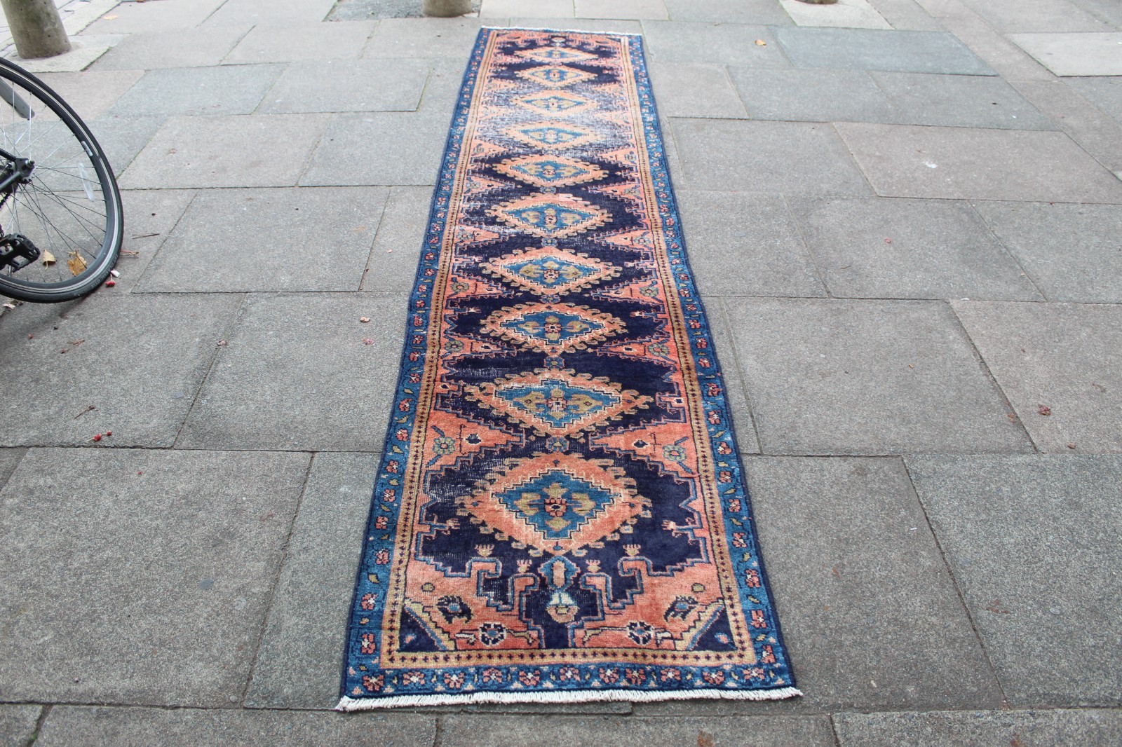 Vintage Worn Hand Made Traditional Oriental Wool Blue Pink Long Runner 338x72cm