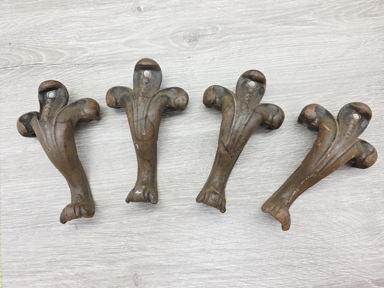 set of 4 Antique CAST IRON FURNITURE STOOL FEET 3.5 Inches From Brace To Floor
