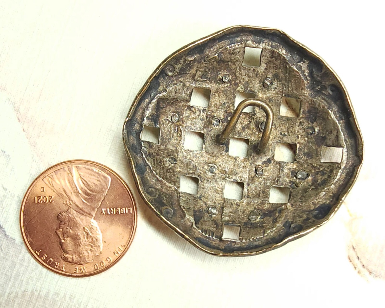 Large Antique Pierced Brass Button ~ Interlaced Basketweave Lattice & Cut Steels