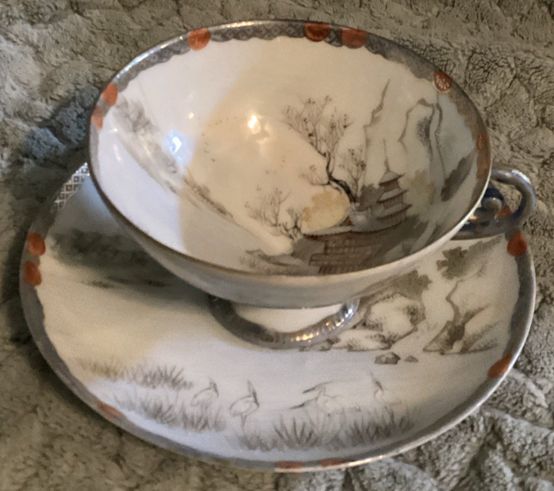 Antique Japanese Kutani ware Porcelain Pedestal Tea Cup and Saucer..5 Available