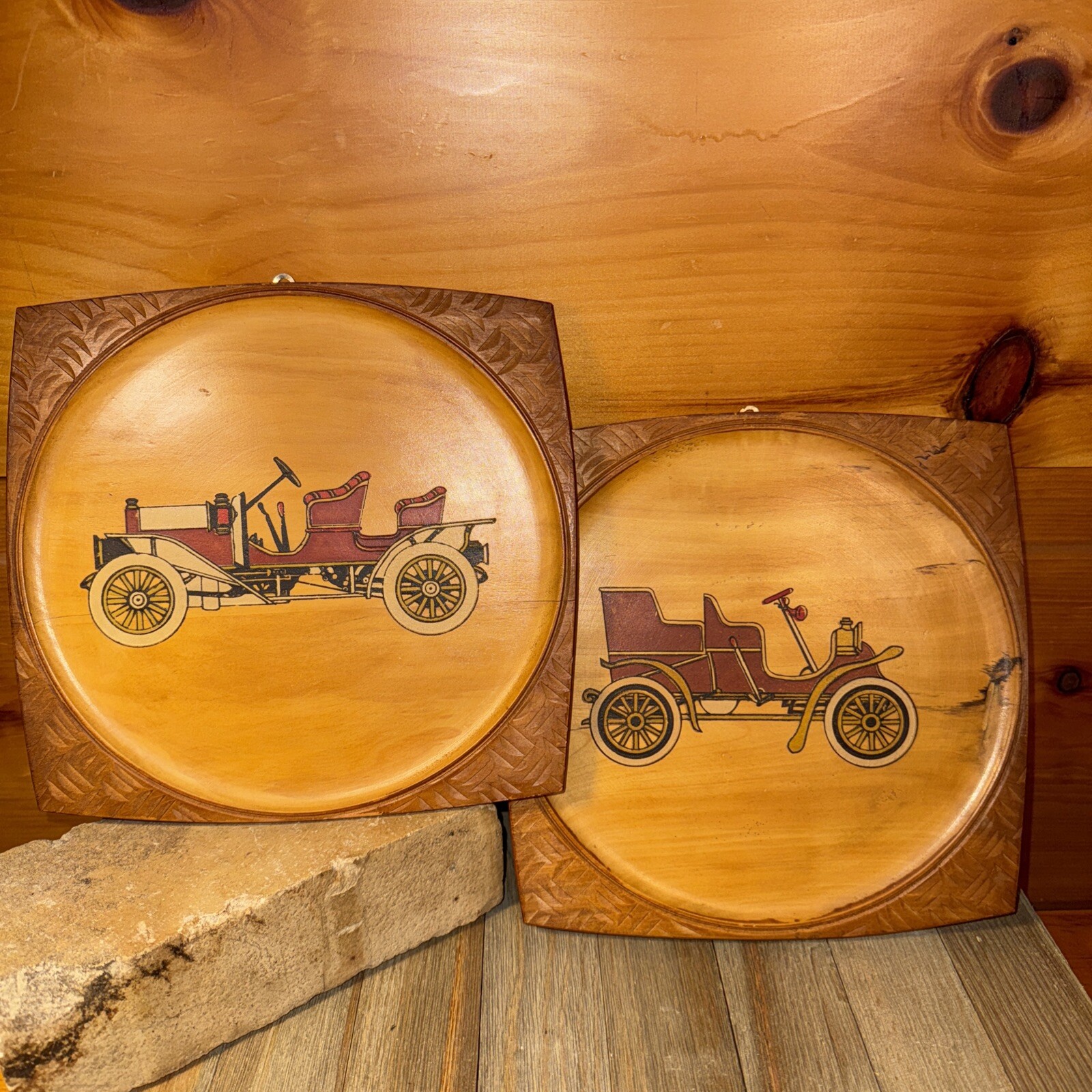 Vintage Nevco Japan Wooden Hanging Plaques w/ Painted Antique Cars (Lot of 2)