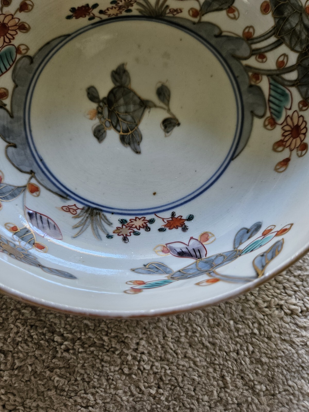 Chinese Export Medium Bowl Gray Leafs Orange Berries Blue Stripes Signed Gold