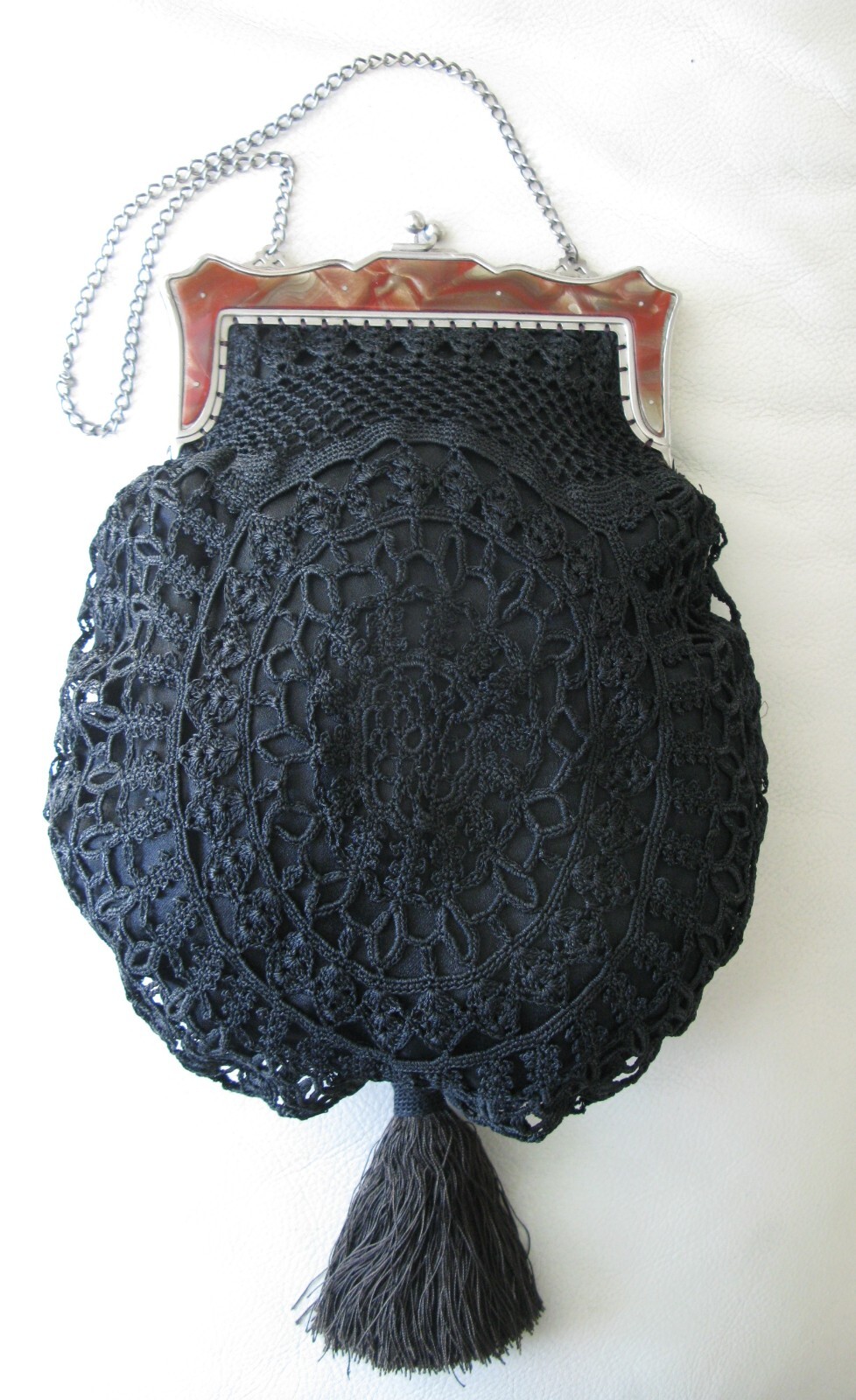 Antique Silver Lucite Marble Frame Black Crochet Tassel Large Purse
