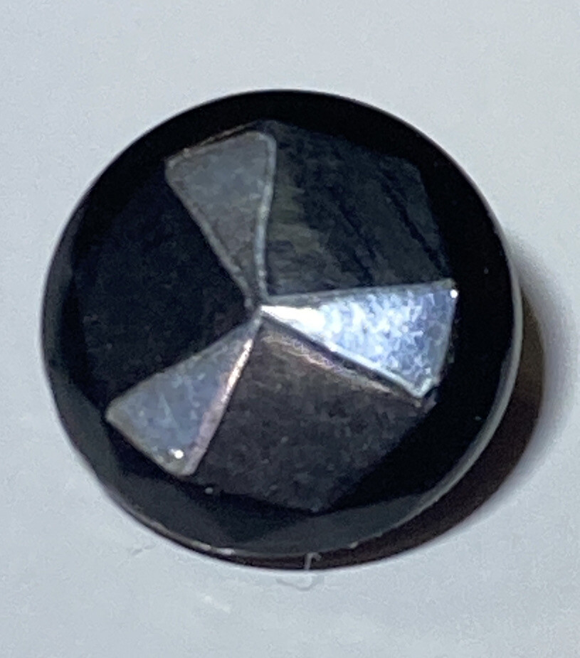 Antique Jet Black Glass Button Round Silver Triangles Metal Birdcage Shank 3/8″